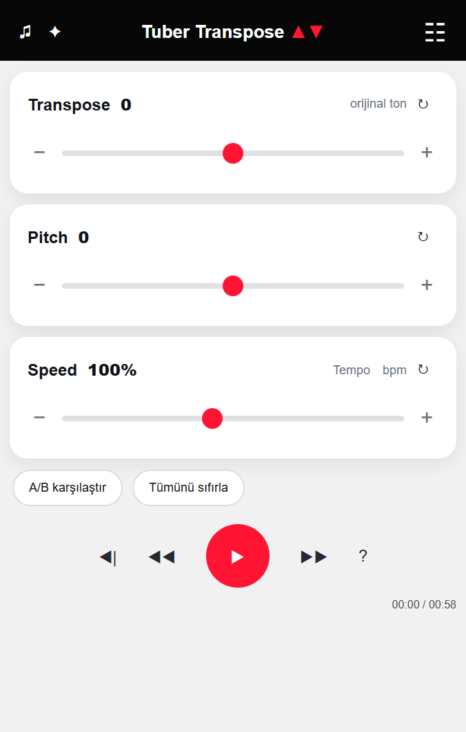 Transpose, pitch ve speed kontrol paneli